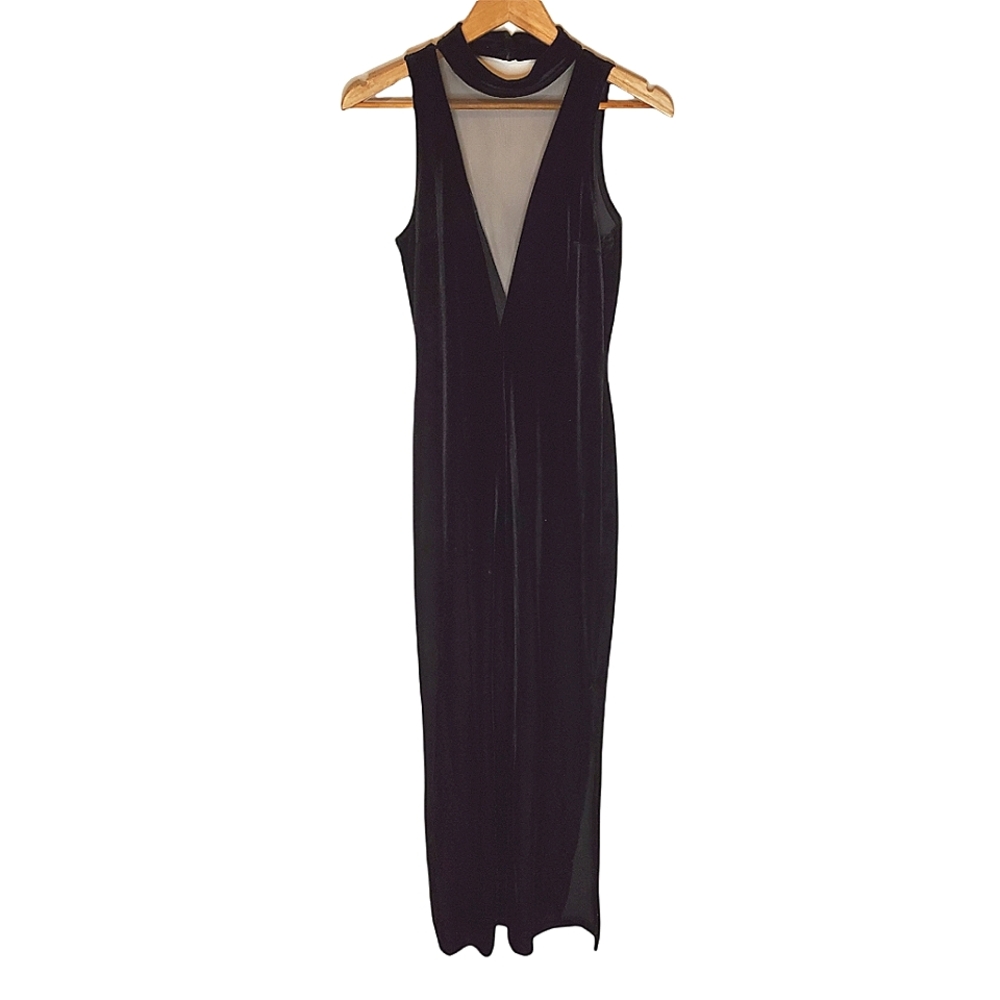 Black Velvet 80s Sleeveless Halter Dress with Low-Cut Mesh Front Chest